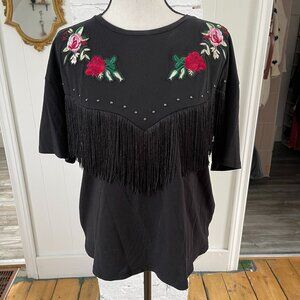 Mango Black Fringe Embroidered Tshirt (XS)